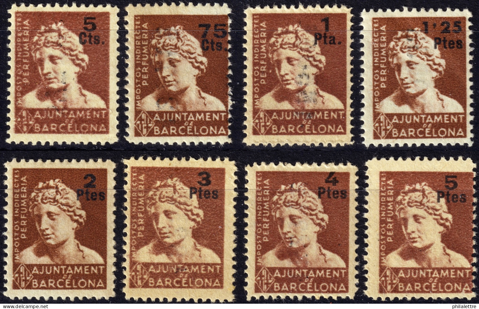 ESPAGNE / ESPANA / SPAIN - BARCELONA Impuestos Indirectes "PERFUMERIA" 5c, 75c, 1P, 1,25P, 2P, 3P, 4P Y 5P - Nuevo ** - Revenue Stamps