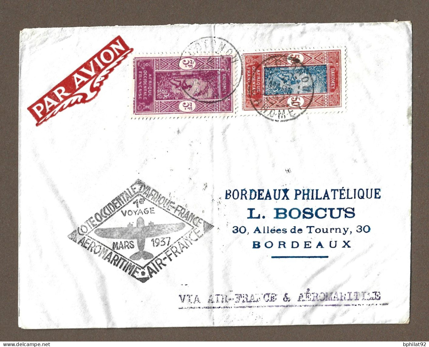 !!! 1ER VOYAGE AÉROMARITIME AFRIQUE-FRANCE, LETTRE PAR AVION DE COTONOU, DAHOMEY, POUR BORDEAUX, DE 1937 - Lettres & Documents