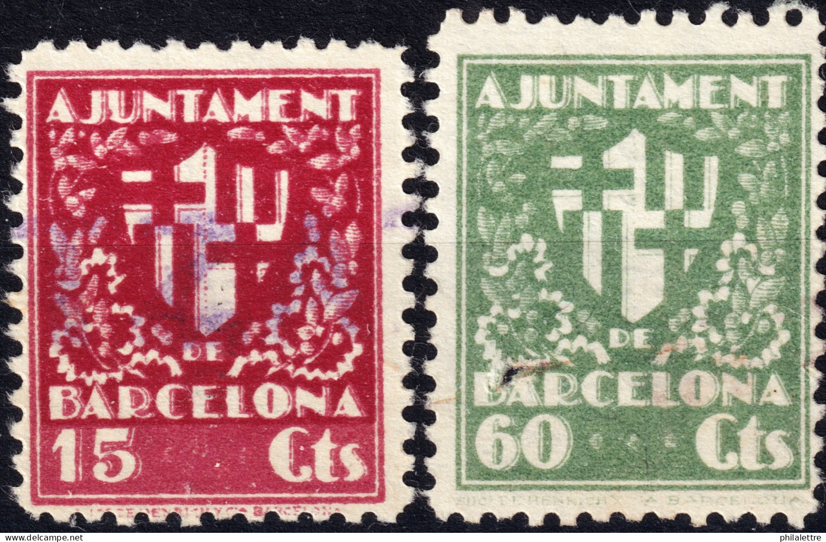 ESPAGNE / ESPANA / SPAIN - AJUNTAMENT DE BARCELONA Sellos Fiscales 15c Carmin Y 60c Verde - Usado (60c Defectuoso) - Revenue Stamps