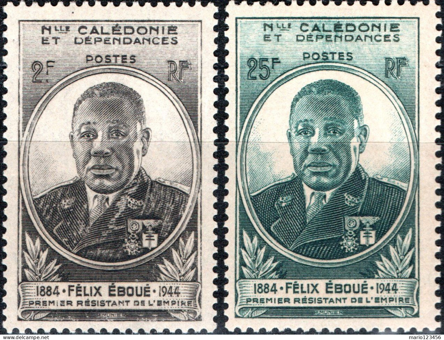 NUOVA CALEDONIA, NEW CALEDONIA, FELIX EBOUE, 1945, FRANCOBOLLI NUOVI (MNH**) Scott:NC 274,275 - Neufs