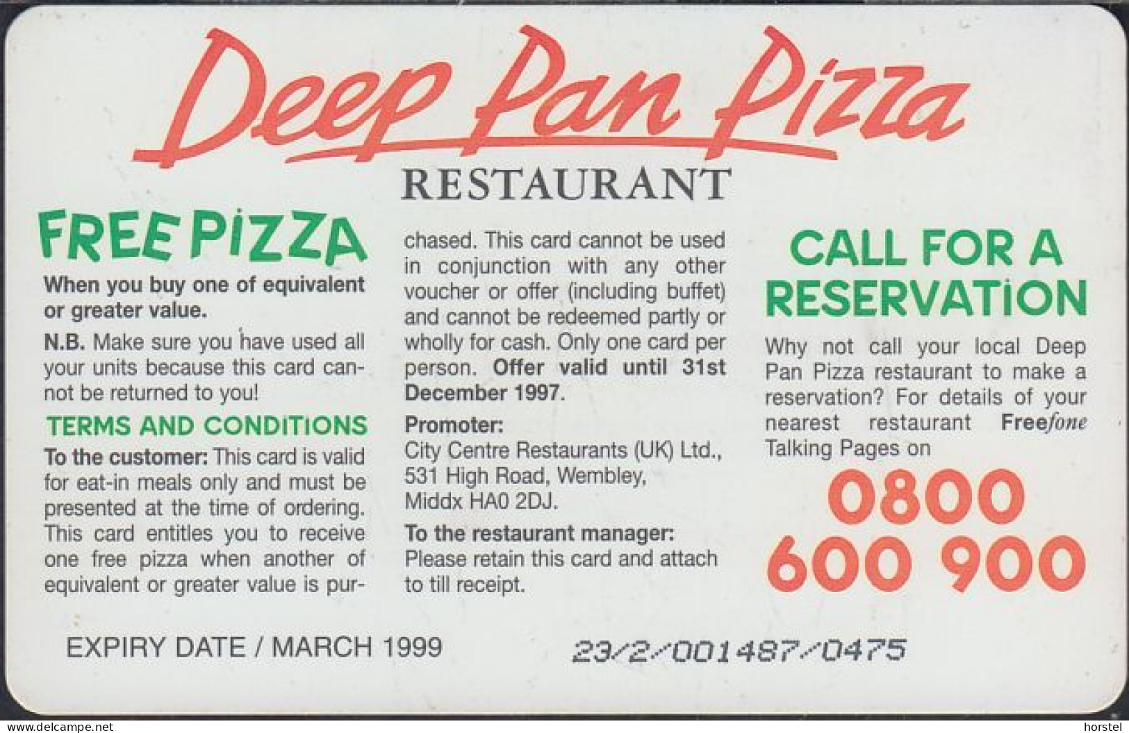 UK - British Telecom Chip Pro135 - Deep Pan Pizza  £10 - Free Pizza - BT Werbezwecke