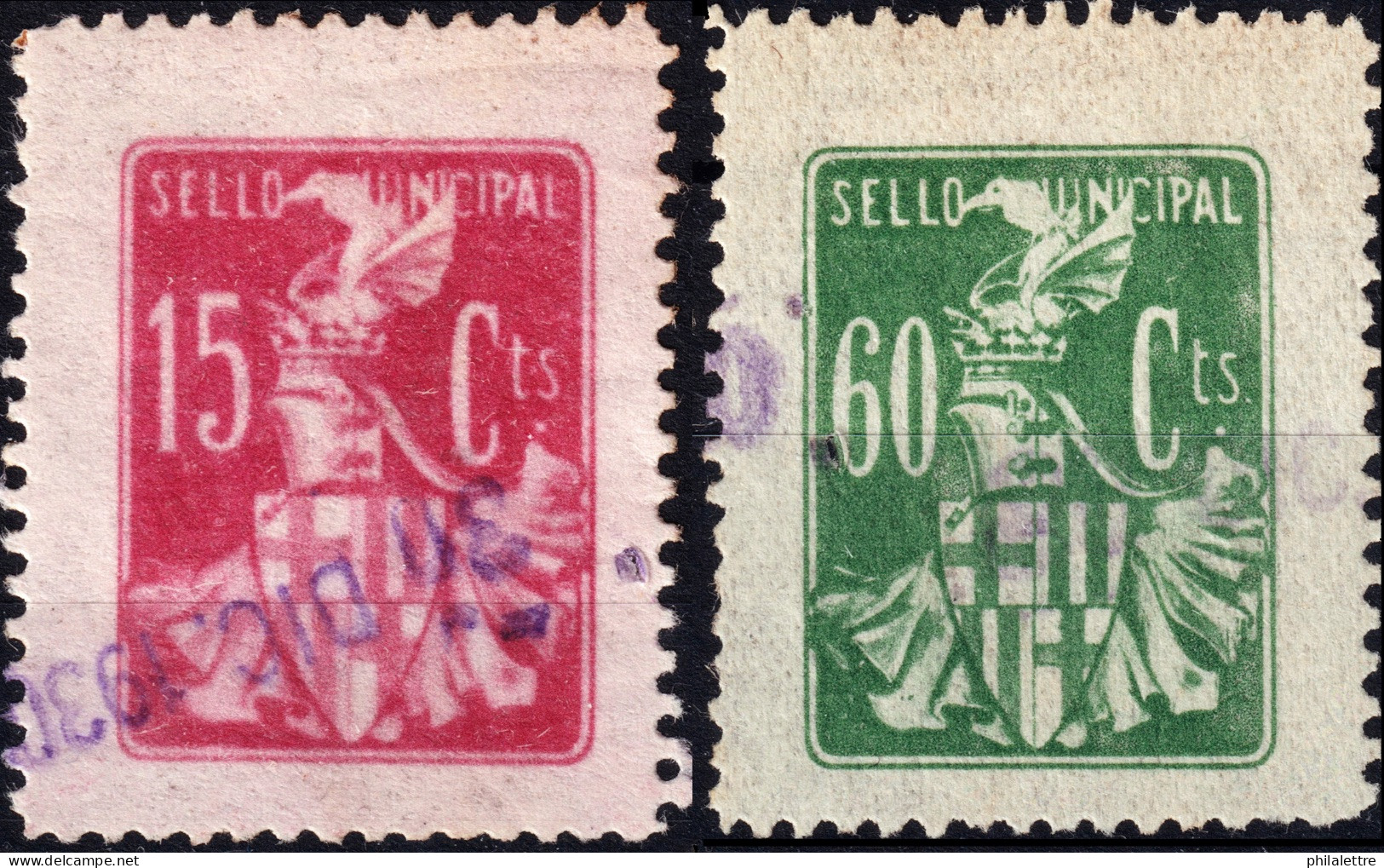 ESPAGNE / ESPANA / SPAIN - Ca.1930 AJUNTAMENT DE BARCELONA Sellos Municipales 15c Carmin Y 60c Verd - Usado - Steuermarken