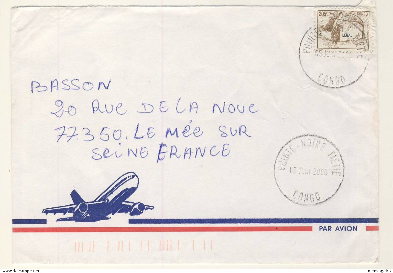 (Z12) CONGO - TIMBRE FEMME A LA HOTTE SURCHARGE LEGAL - LETTRE PONTE NOIRE TIETIE => FRANCE 2000 - Used