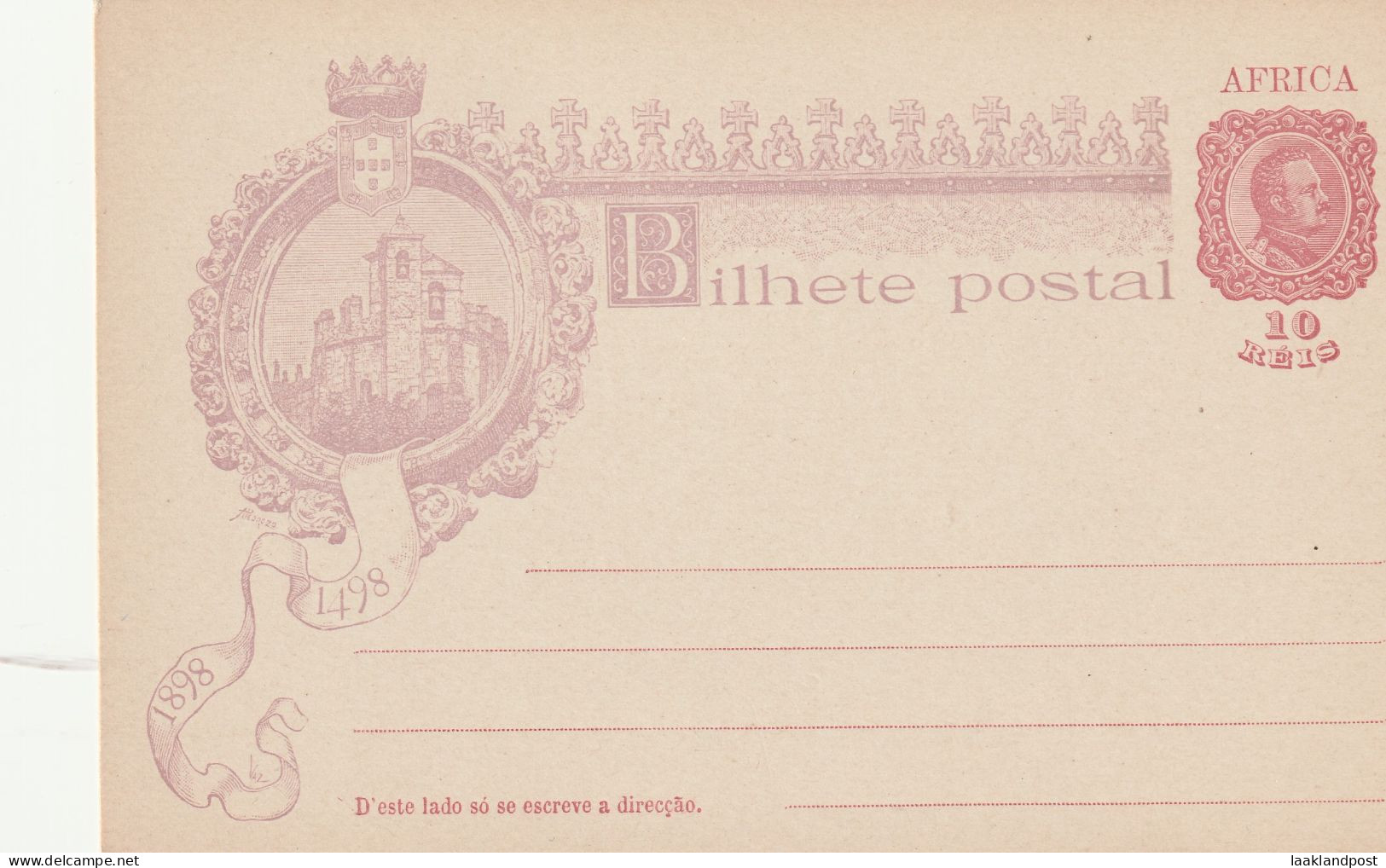 Portugiesisch Afrika 1898 Illustrated Postcard, 10 Reis, Vasco Da Gama, Castle Unused - Africa Portuguesa