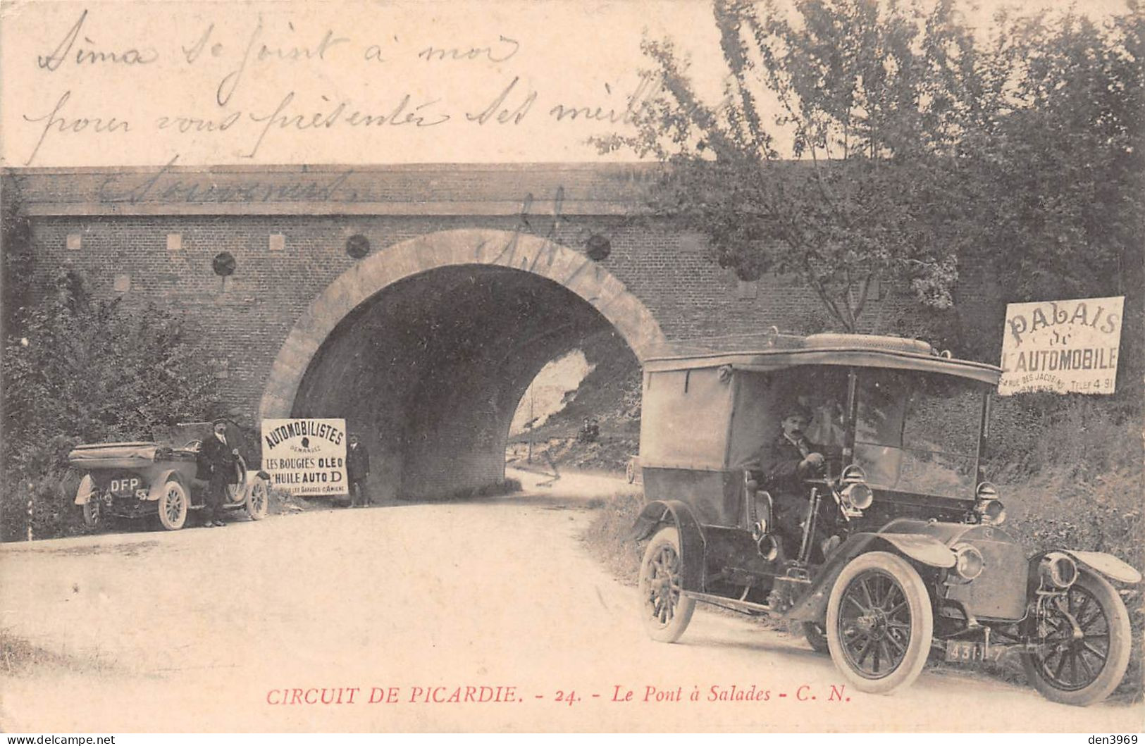 Le Pont à SALADES (Somme) - Circuit De Picardie - Pub Palais De L'Automobile Amiens, Huile Auto D - Ecrit 1913 (2 Scans) - Vignacourt