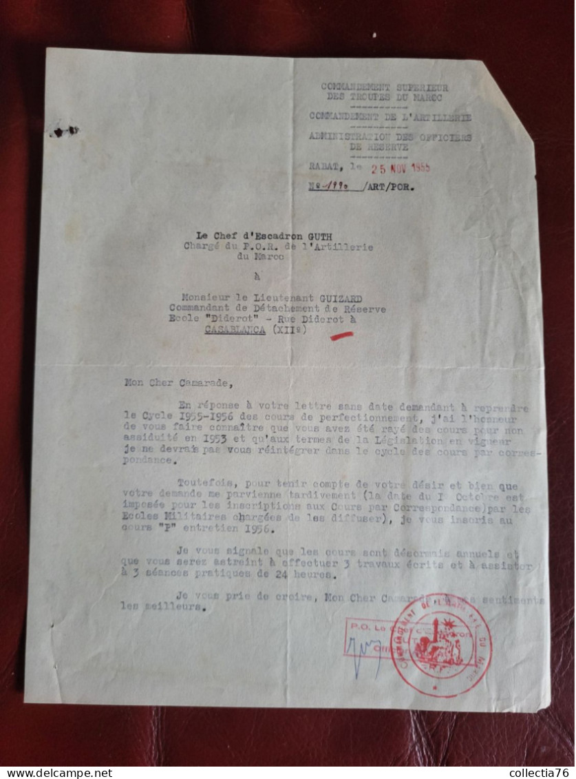 MILITARIA DOCUMENT COMMANDEMENT SUPERIEUR TROUPES MAROC ARTILLERIE OFFICIERS RESERVE 1955 - Documenti