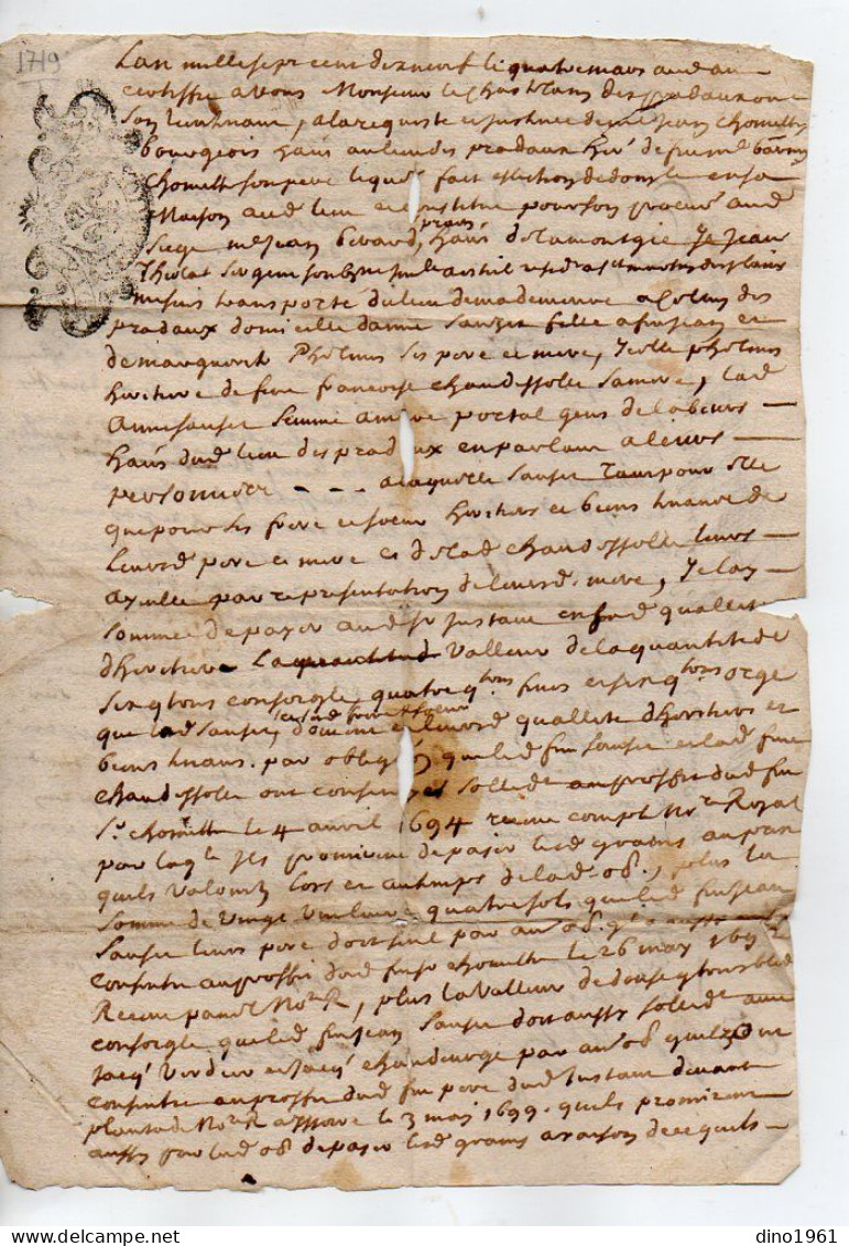 VP22.986 - Cachet Généralité De RIOM / LES PRADEAUX - Acte De 1719 - - Cachets Généralité