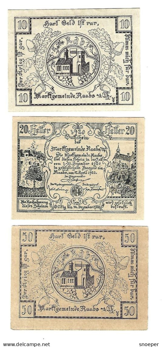 **Austria Notgeld Raabs 10+20+50 Heller  806d+e2+f2 - Oesterreich