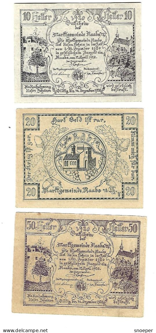 **Austria Notgeld Raabs 10+20+50 Heller  806d+e2+f2 - Oesterreich