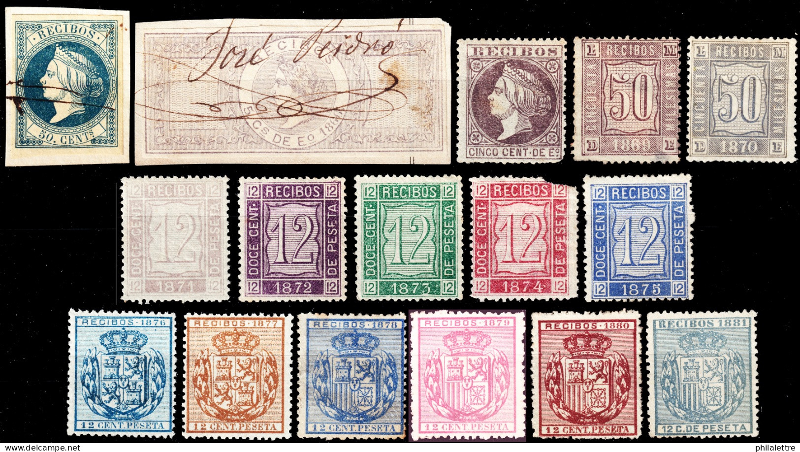 ESPAGNE / ESPANA / SPAIN - 1861/81 Colección De SELLOS PARA "RECIBOS" Ed.1/3, 15, 16/21 (20 Defectuoso) Y 27/32 - Revenue Stamps