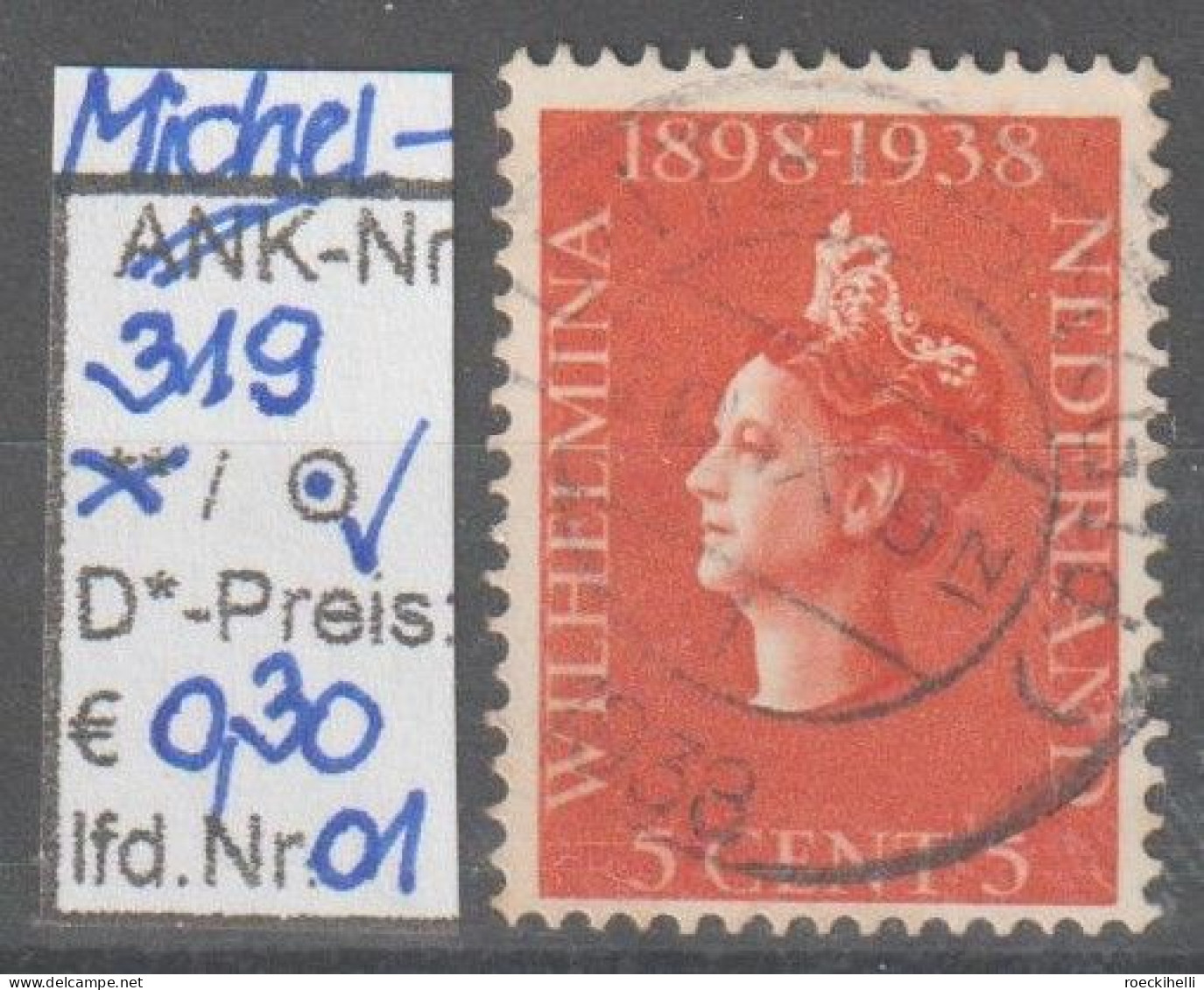 1938 - NIEDERLANDE - SM "40. J. Regierung V. Königin Wilhelmina" 5 C Dkl'orange - O Gestempelt - S. Scan (319o 01-02 Nl) - Gebruikt