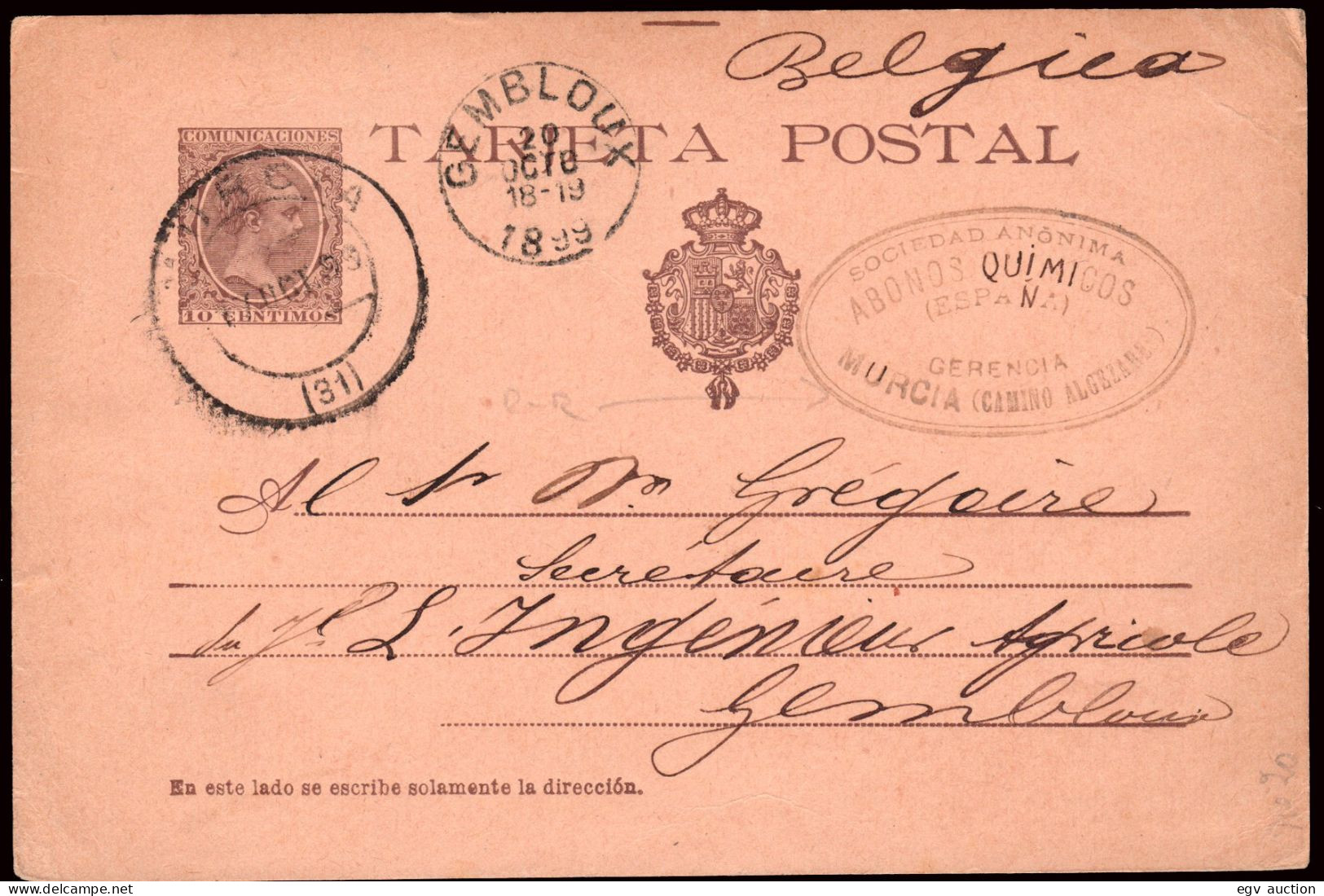 Murcia - Edi O EP 36 - Entero Postal Mat "Murcia 16/Oct./99" + Marca Comercial A Bélgica - 1850-1931