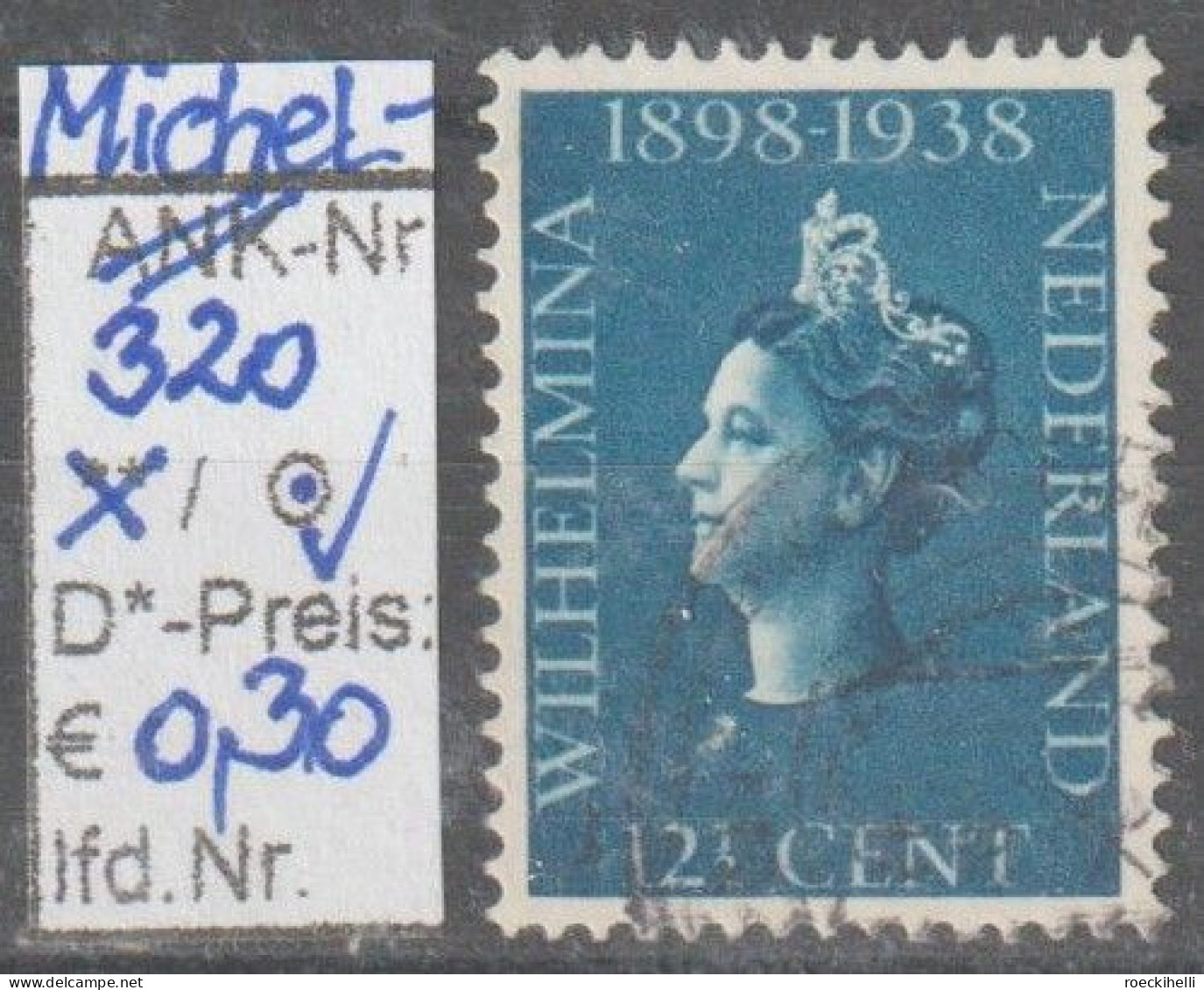 1938 - NIEDERLANDE - SM "40. J. Regierung V. K. Wilhelmina" 12 1/2 C Dkl'blau - O Gestempelt - S. Scan (320o Nl) - Gebruikt