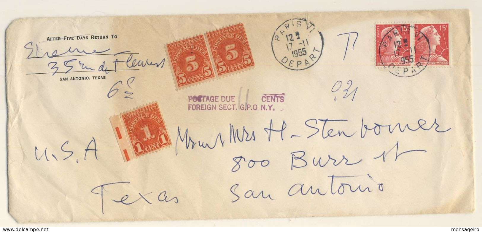 (C11) - MARIANNE MULLER Y&T N°1011 X2 LETTRE PARIS => USA - TAXE US 1955 - 1955-1961 Marianne Van Muller