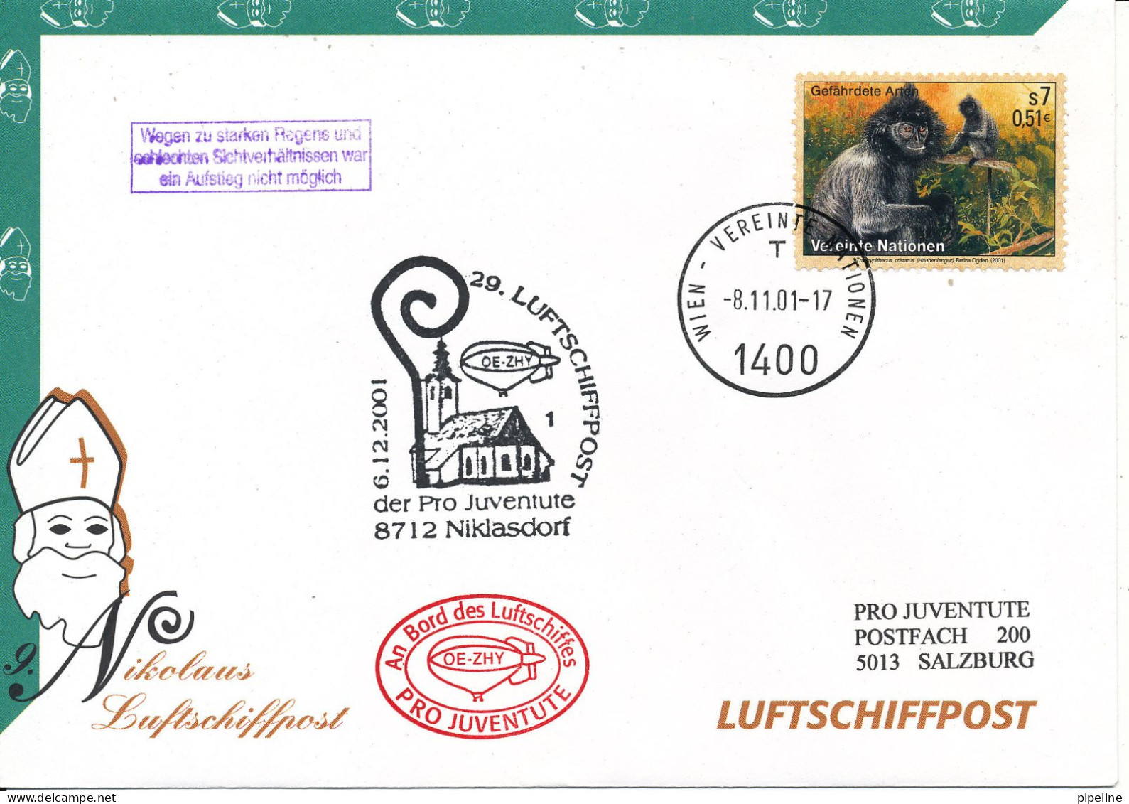 Austria UN Vienna AIRSHIP MAIL Pro Juventute Number 29 Wien 8-11-2001 And Niklasdorf 6-12-2001 With More Postmarks - New York/Geneva/Vienna Joint Issues