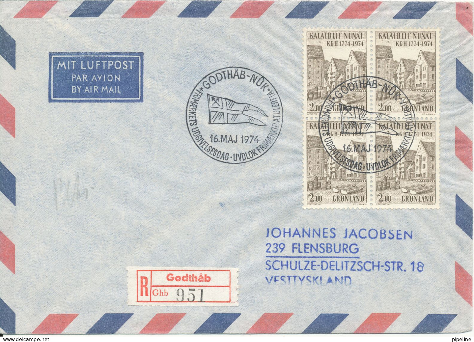 Greenland Registered Air Mail FDC 16-5-1974 KGH 200 Anniversary In Block Of 4 Sent To Germany - FDC