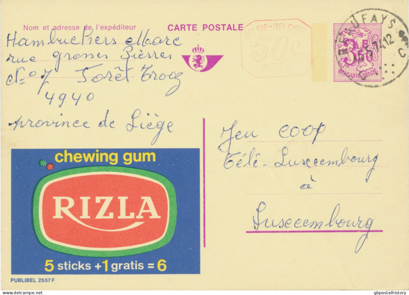 BELGIUM VILLAGE POSTMARKS  BEAUFAYS C (now Chaudfontaine) SC With Dots 1974 (Postal Stationery 3,50 + 0,50 F, PUBLIBEL 2 - Puntstempels