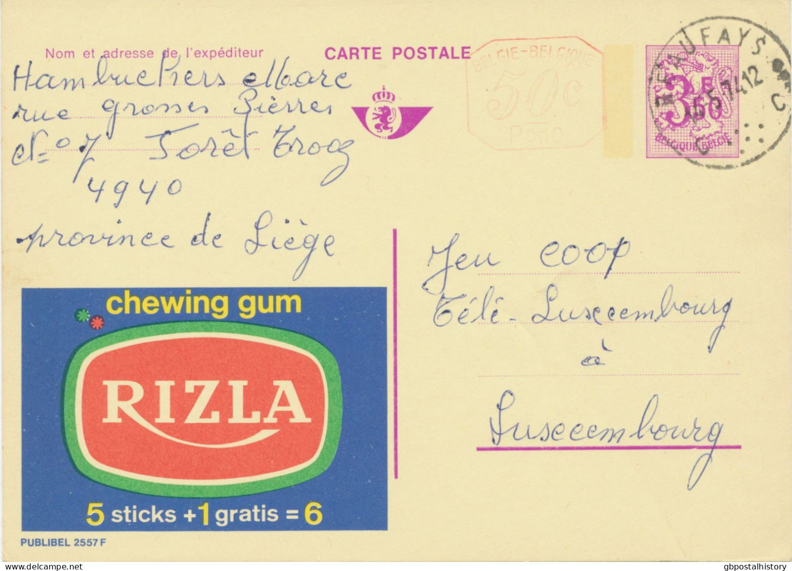 BELGIUM VILLAGE POSTMARKS  BEAUFAYS C (now Chaudfontaine) SC With Dots 1974 (Postal Stationery 3,50 + 0,50 F, PUBLIBEL 2 - Oblitérations à Points