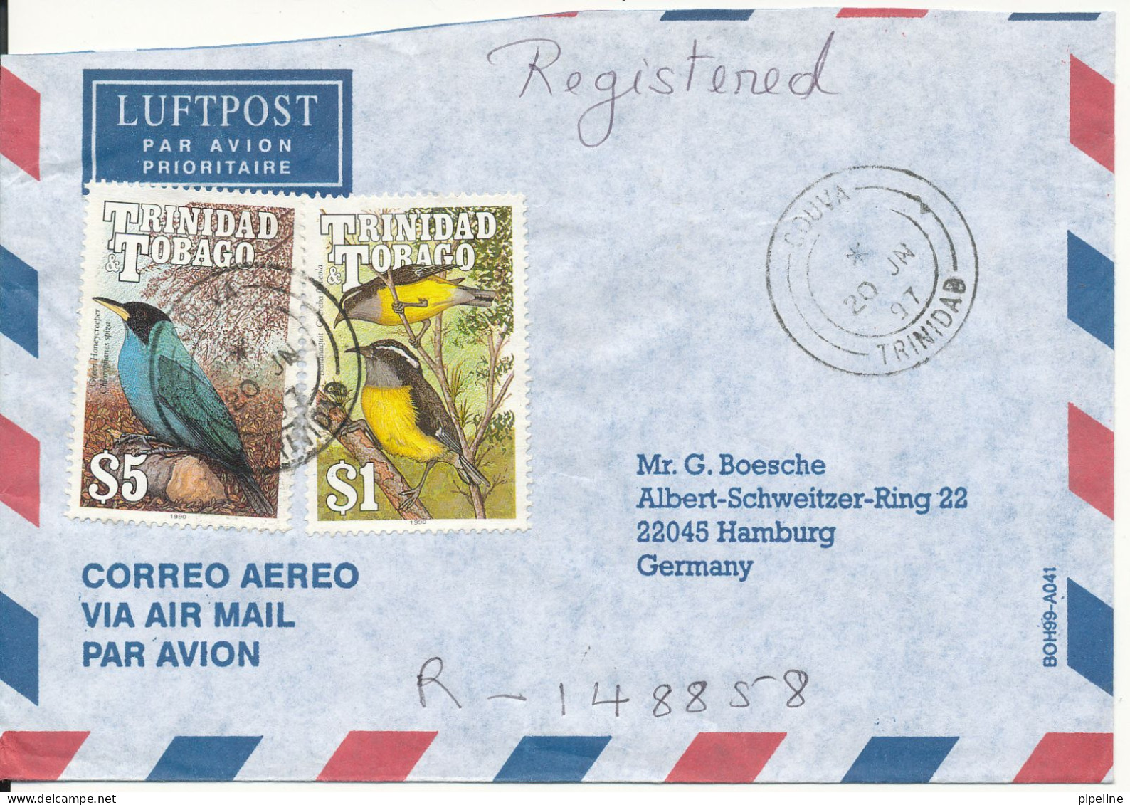 Trinidad & Tobago Registered Air Mail Cover Sent To Germany 20-6-1996 BIRDS - Trinidad En Tobago (1962-...)