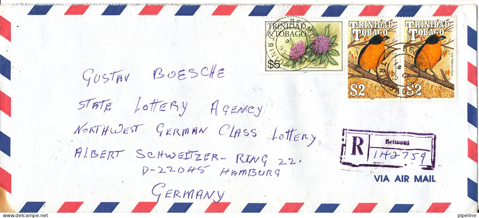Trinidad & Tobago Registered Air Mail Cover Sent To Germany 19-7-1999 BIRDS And FLOWERS - Trinité & Tobago (1962-...)