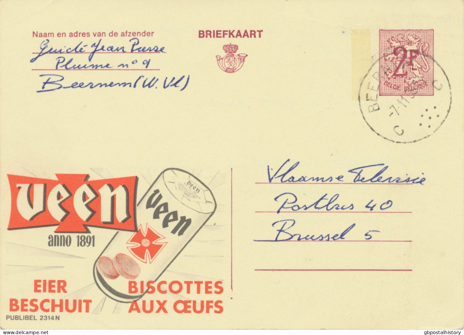 BELGIUM VILLAGE POSTMARKS  BEERNEM C  SC With Dots1969 (Postal Stationery 2 F, PUBLIBEL 2314 N) - Punktstempel