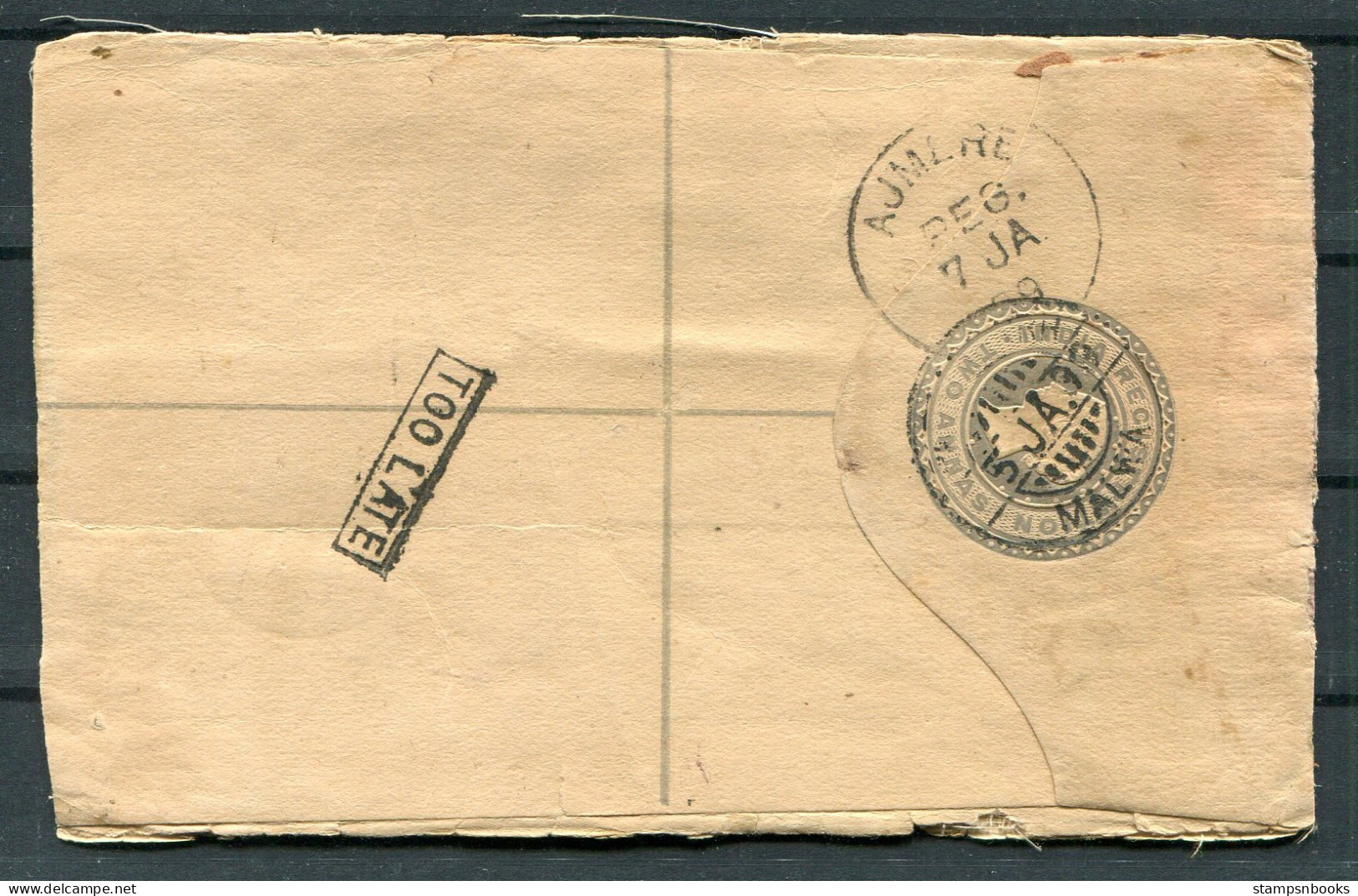 1899 India Registered Letter Stationery Malwa - Ajmere, Boxed "TOO LATE" - 1882-1901 Keizerrijk