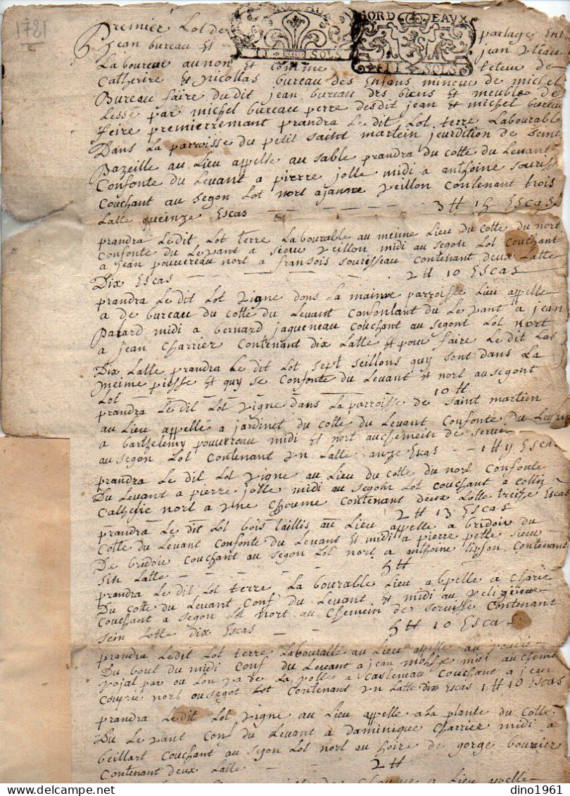 VP22.987 - Cachet Généralité De BORDEAUX /  SAINTE  BAZEILLE - Acte De 1721 - Partage .... - Matasellos Generales