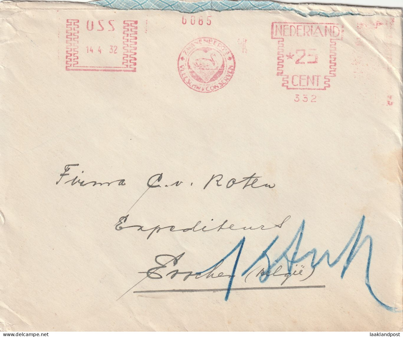 NL Firma Cover Zwanenburg Meter Oss 14-2-1932 Zwaan - Frankeermachines (EMA)