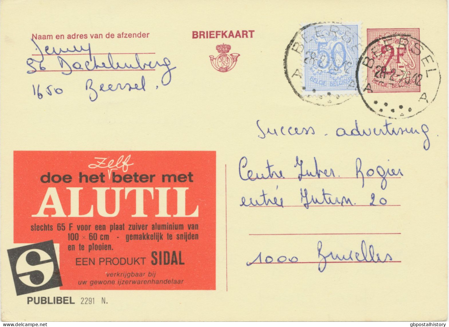 BELGIUM VILLAGE POSTMARKS  BEERSEL A SC With 7 Dots 1970 (Postal Stationery 2 F + 0,50 F, PUBLIBEL 2291 N.) - Matasellado Con Puntos