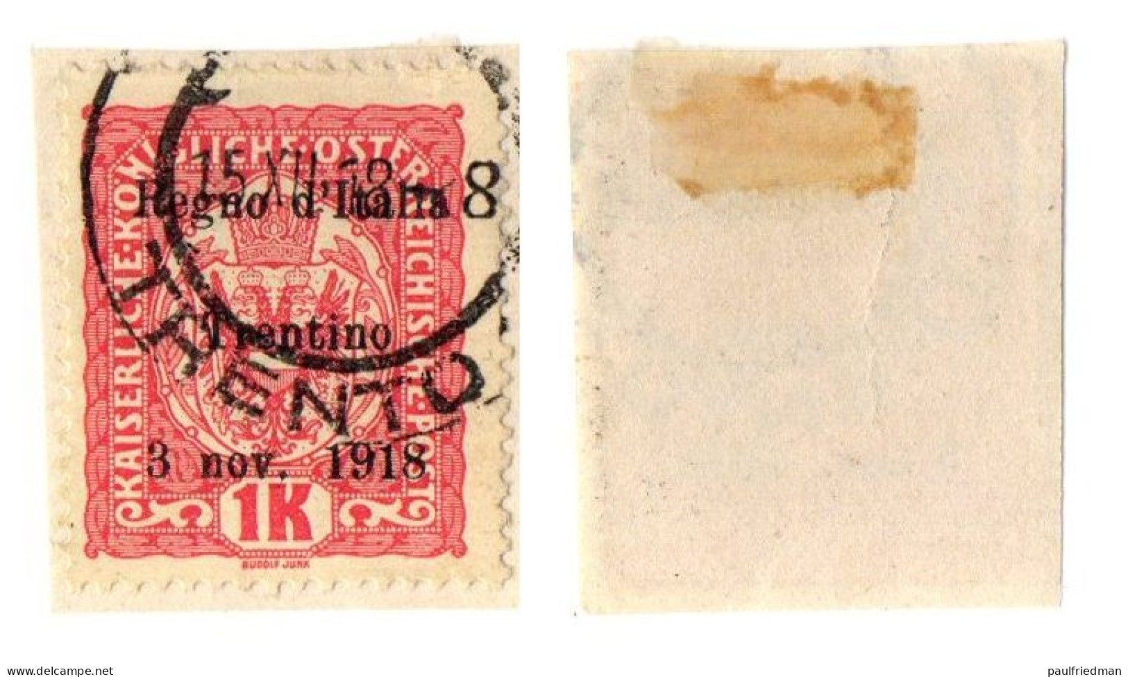 Trentino-Alto Adige 1918 - 1 K. Su Piccolo Frammento - Usato - Trento