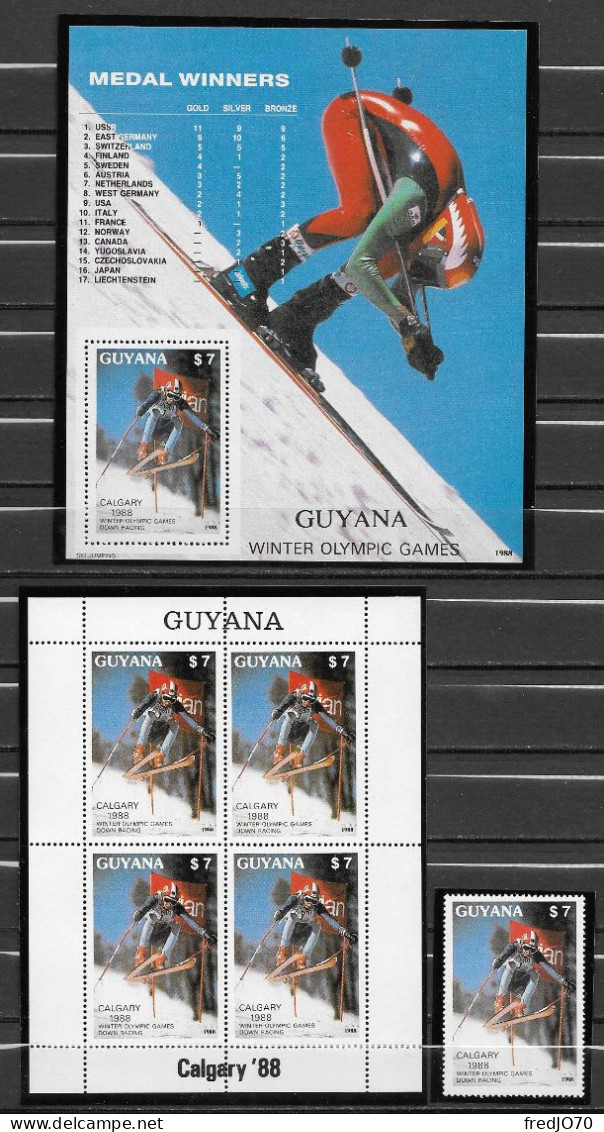 Guyana Timbre+Bloc+feuillet JO 88 ** - Hiver 1988: Calgary