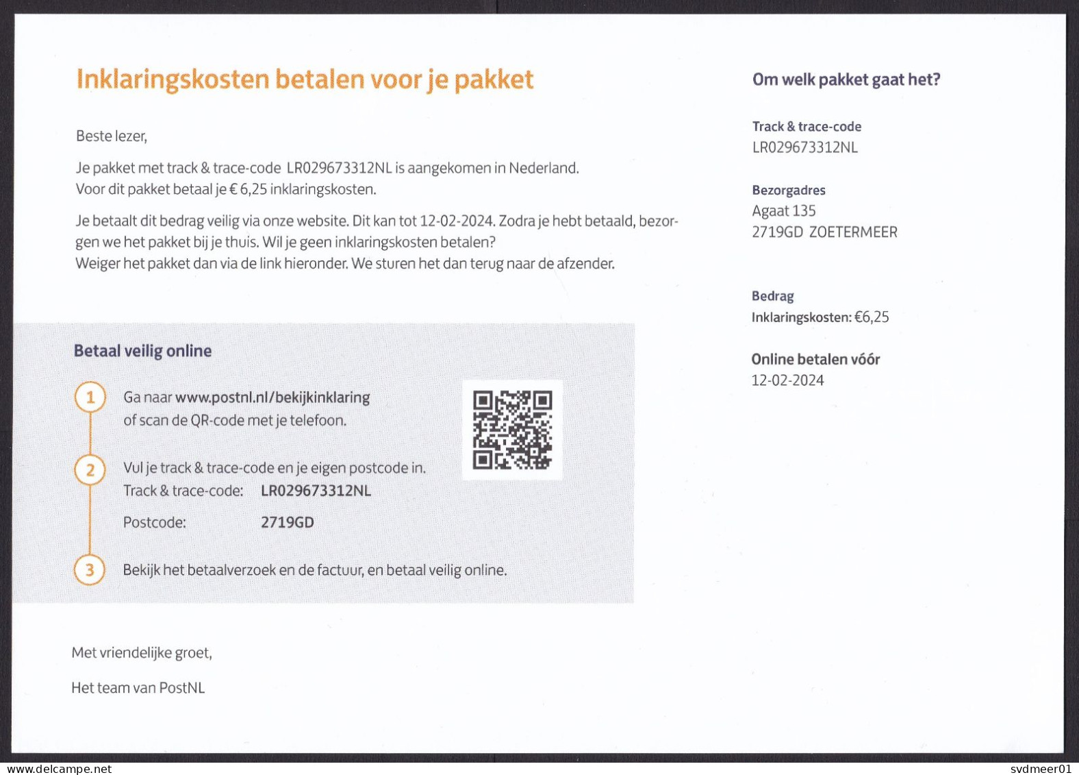 Netherlands: Postal Service Cover, 2024, Payment Request Customs Duty Tax, Card Enclosed, Import Revenue (traces Of Use) - Lettres & Documents