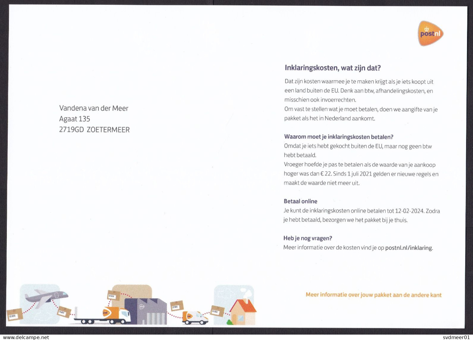 Netherlands: Postal Service Cover, 2024, Payment Request Customs Duty Tax, Card Enclosed, Import Revenue (traces Of Use) - Brieven En Documenten