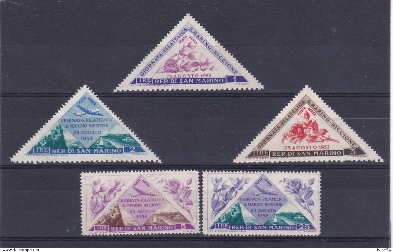 1952 San Marino Saint Marin GIORNATA FILATELICA FIORI  FLOWERS 5 Valori Aerea Nuovi Gomma Imperfetta Air Mail - Luftpost