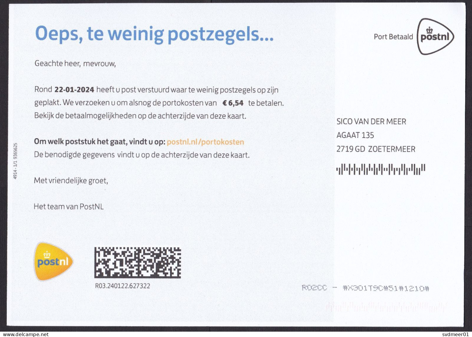 Netherlands: Postal Service Postcard, 2024, Oops Too Few Stamps, Postage Due Payment Request, Taxed (traces Of Use) - Storia Postale