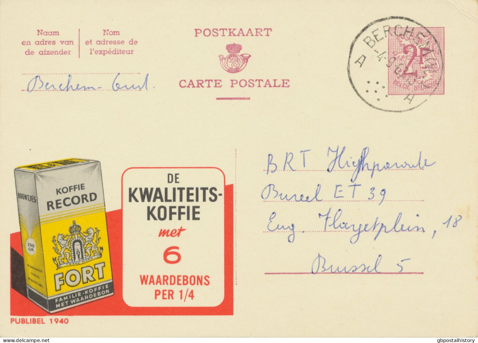 BELGIUM VILLAGE POSTMARKS  BERCHEM (VL.) A (now Kluisbergen) SC With Dots 1963 (Postal Stationery 2 F, PUBLIBEL 1940) - Punktstempel