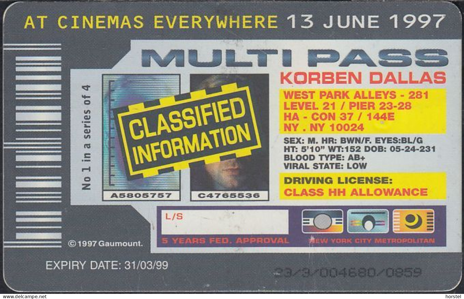 UK - British Telecom Chip PUB059  - £5  Cinema The Fifth Element No.1 - GPT2 - BT Promotional