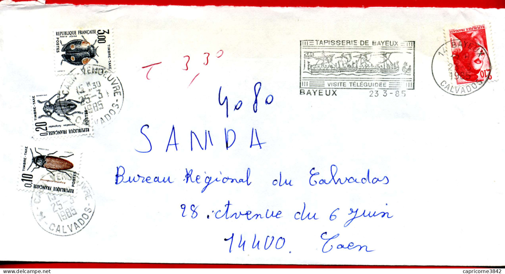 1985 - Lettre De Bayeux Pour Caen - Taxe De 3,30fr - Tp Insectes N°103-104-111 - Affranchissement Gandon N°2319 - 1960-.... Brieven & Documenten