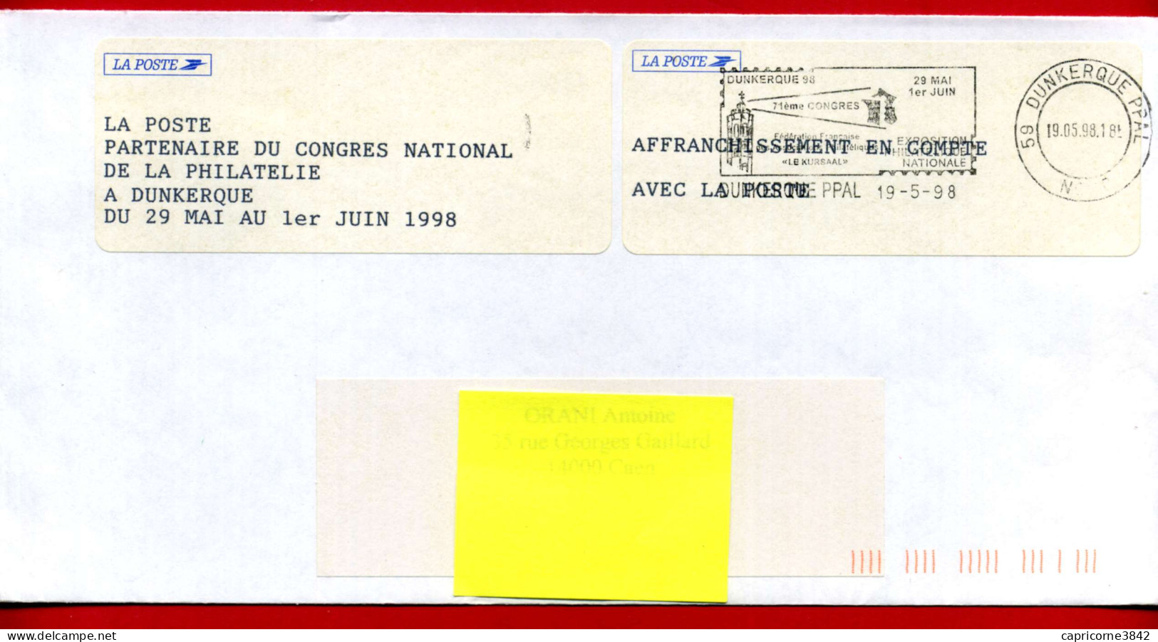 1998 - Dunkerque - Lettre En Affranchissement En Compte Avec La Poste - 71e Congrès De La FFAP Et Expo Philatélique - Frankobriefe