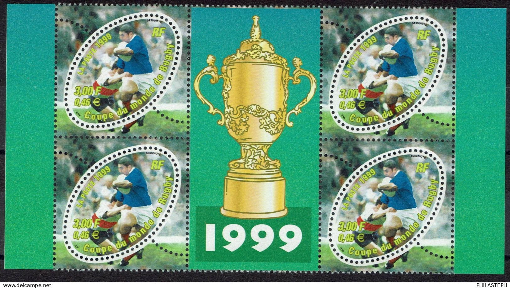 France 1989  -  Sans Le F De ITVF Dans Un Bloc De 4 Avec Vignette - Coupe Du Monde De Rugby - YT 3280a Neuf ** - Nuovi