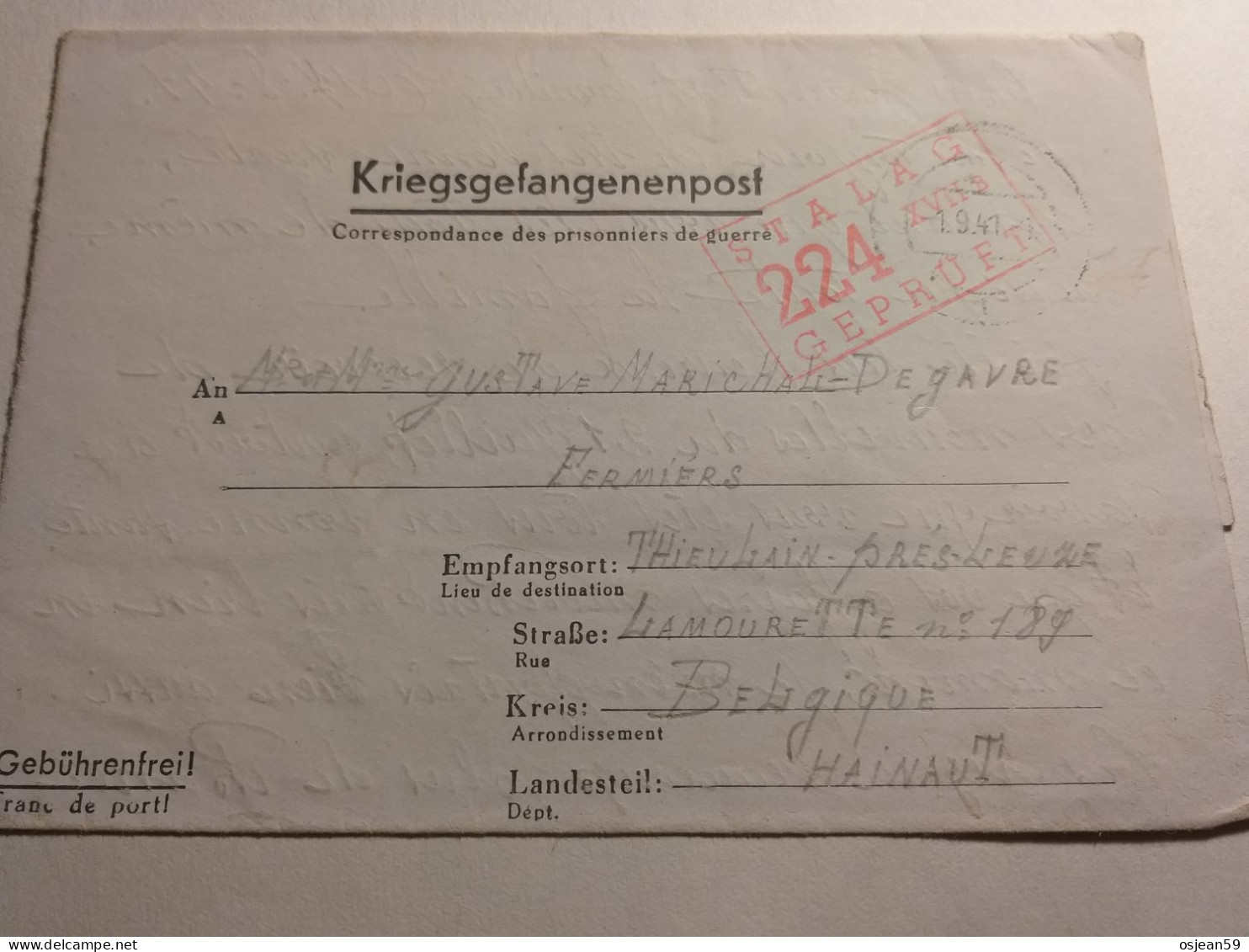Oblitération Du 01/09/1941.Stalag 224. - Brieven En Documenten