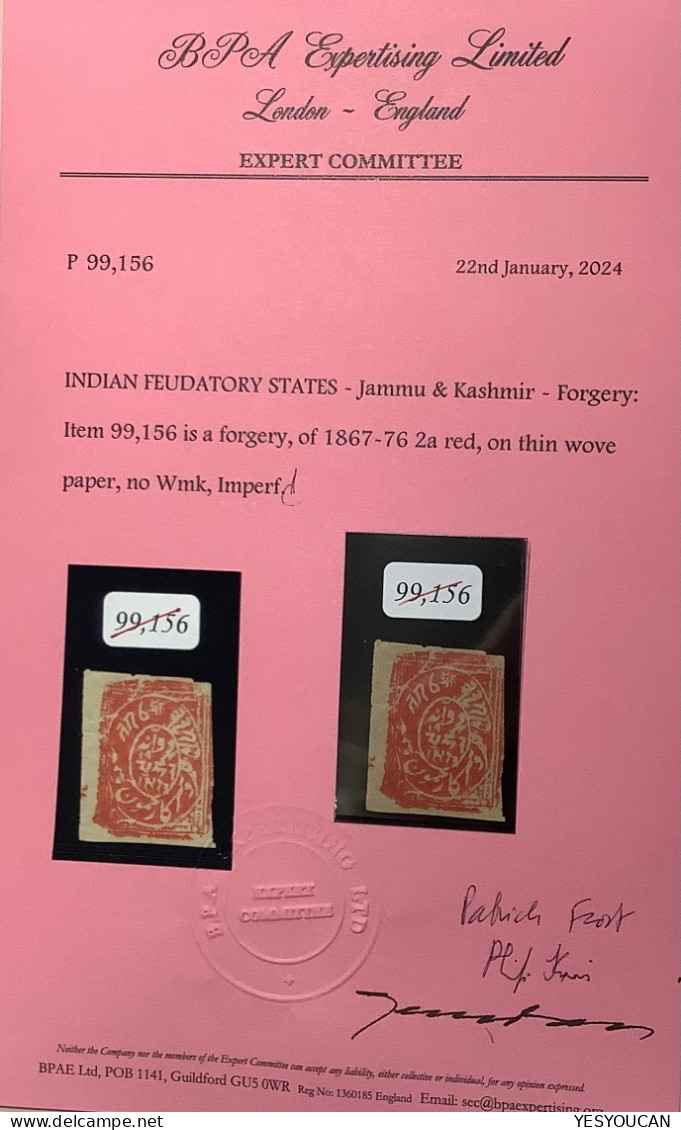 Jammu & Kashmir 1867-76 2a Red INTERESTING OLD FORGERY With BPA Cert (Indian Feudatory States India - Cachemire