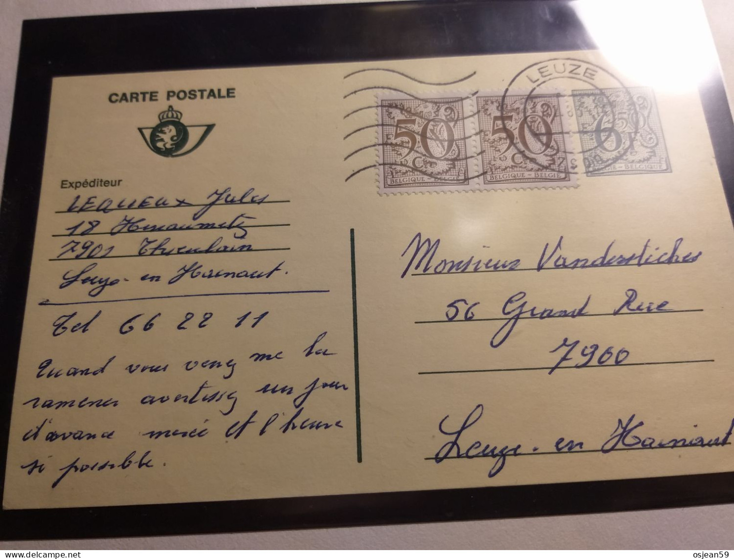 Oblitération Leuze Sur Carte Postale 6,50fr + 2x 50c. - Cartes Postales 1951-..