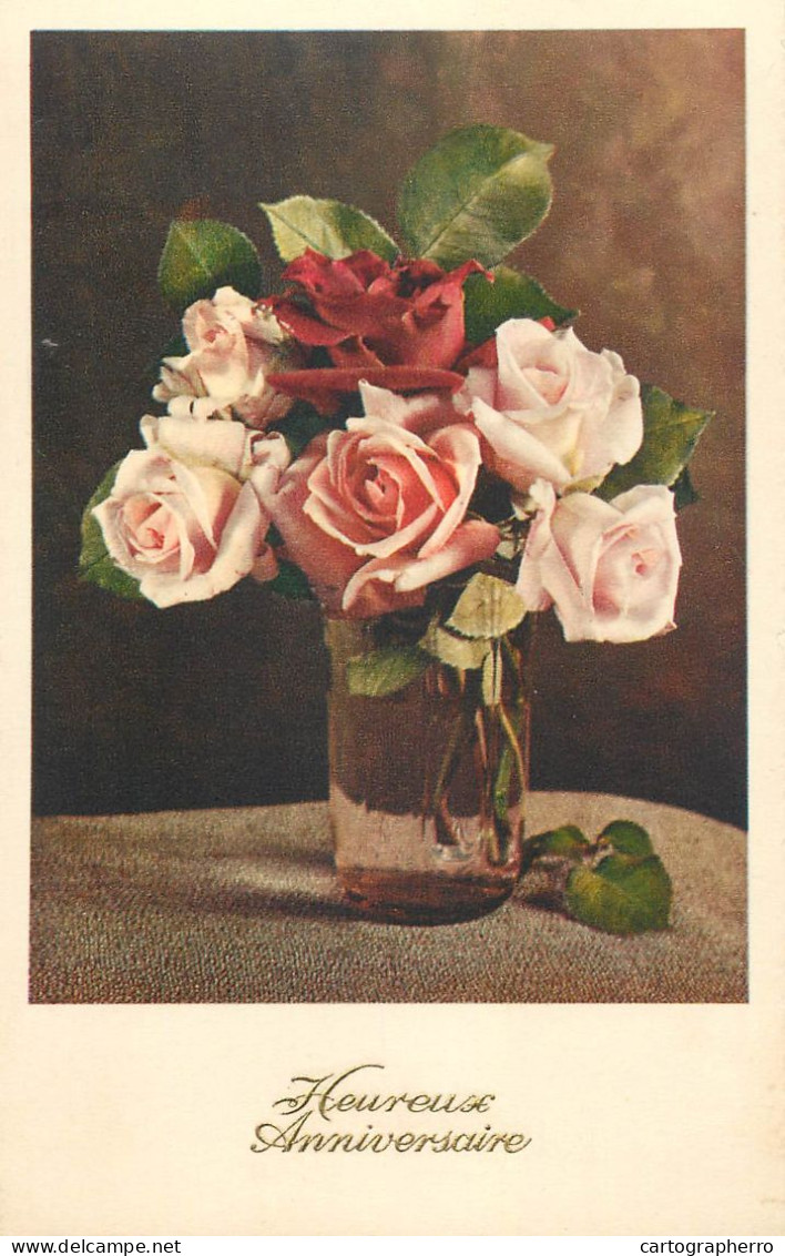 Postcard Heureux Anniversaire Flower Vase - Geburtstag