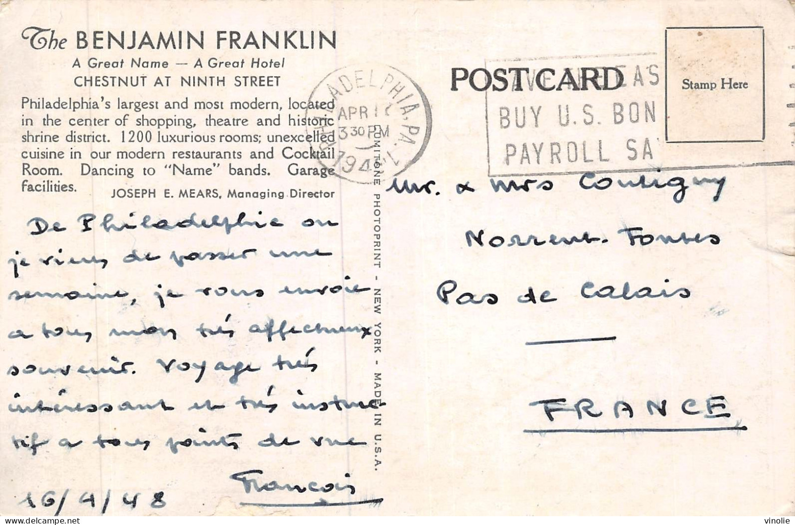 24-1967 : THE BENJAMIN FRANKLIN. PHILADELPHIA - Philadelphia