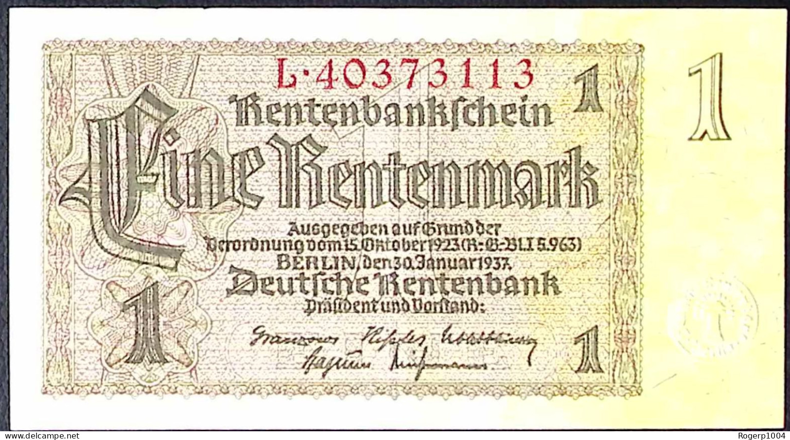 Allemagne/GERMANY * 1 Rentenmark * Date 30/01/1937 * Etat/Grade SUP/XXF * - WW2