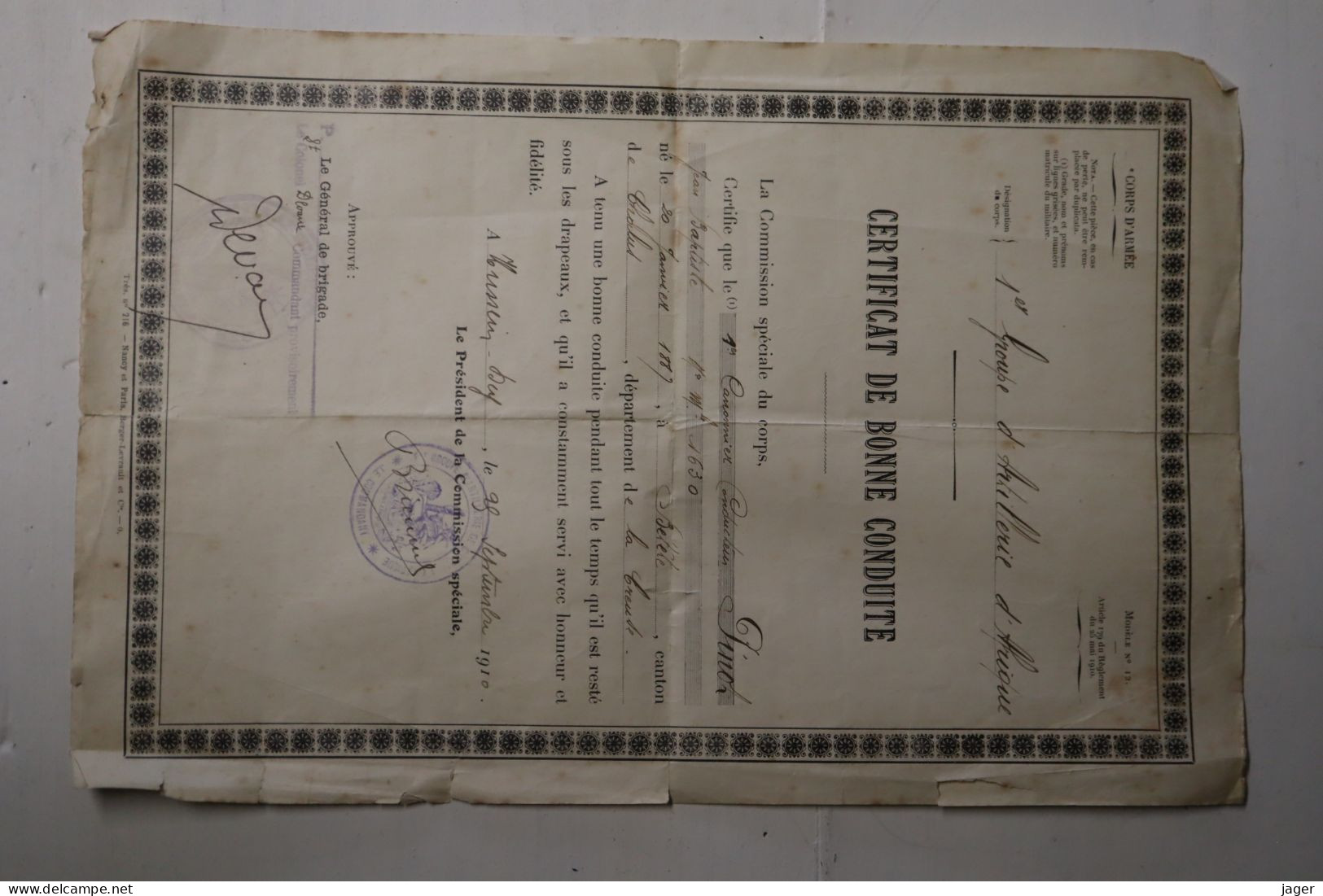 Certificat  De Bonne Conduite 1 Er Groupe D'artillerie D'Afrique 1910 - Documenti