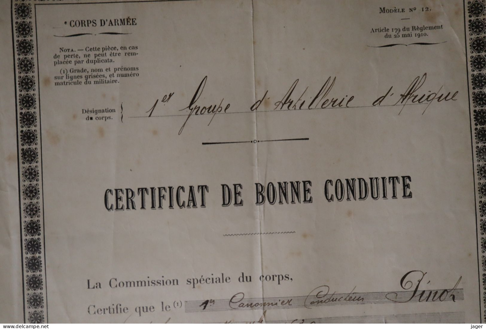 Certificat  De Bonne Conduite 1 Er Groupe D'artillerie D'Afrique 1910 - Documenti