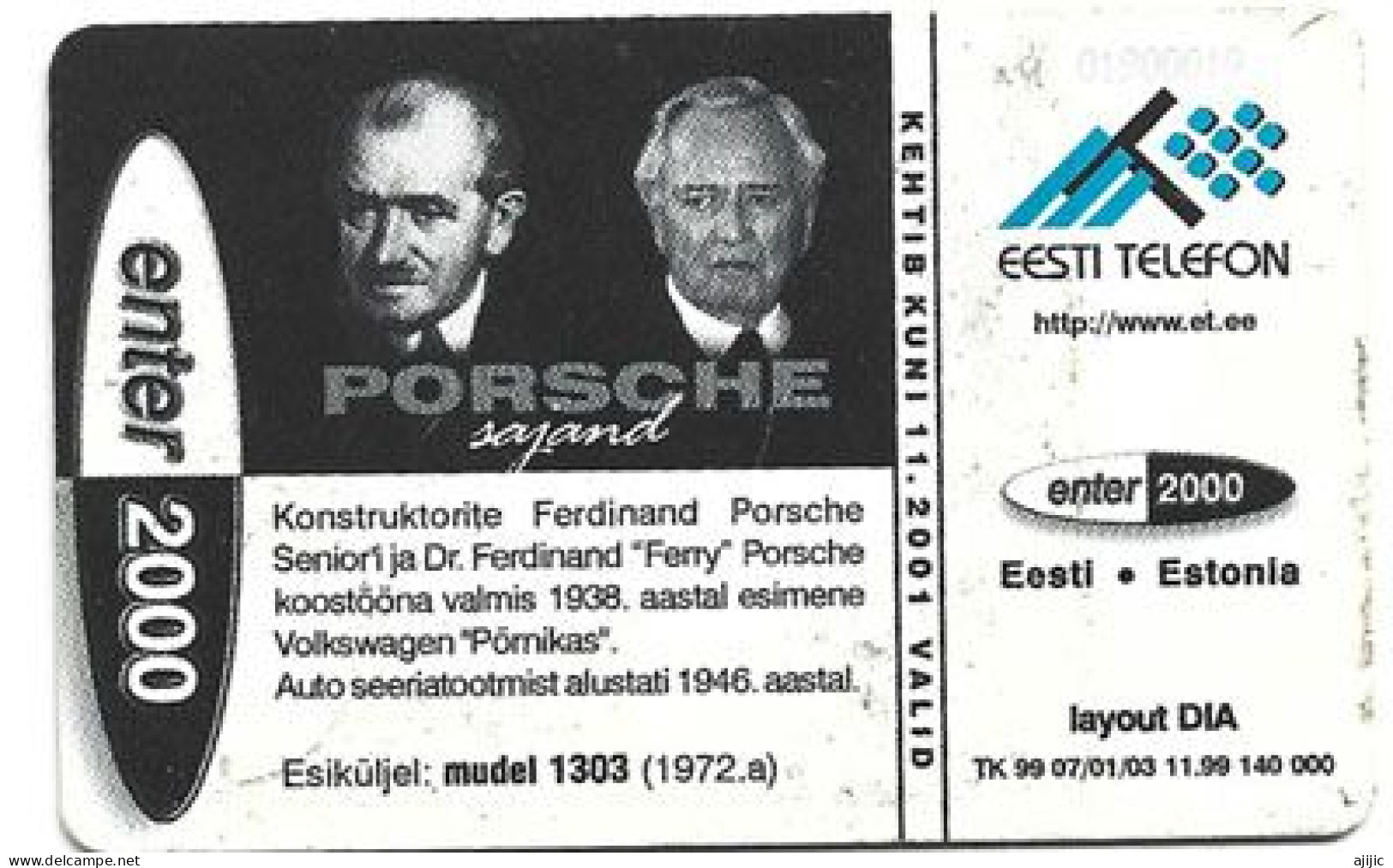 Volkswagen Beetle 1303, Au Dos Ferdinand Porsche. Telef. Card D'Estonie - Auto's