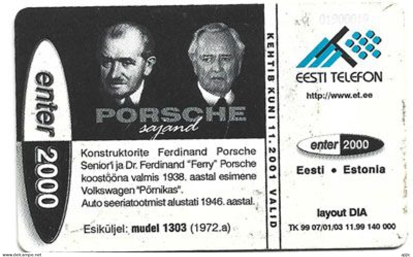 Volkswagen Beetle 1303, Au Dos Ferdinand Porsche. Telef. Card D'Estonie - Voitures